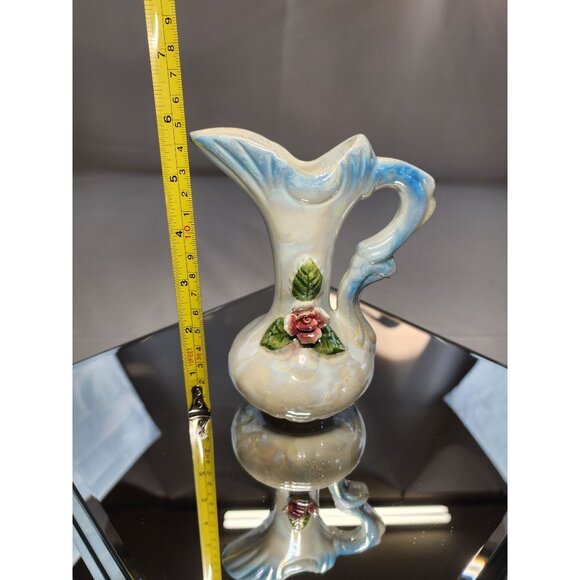 Vintage Lusterware Pitcher Blue & White Pearlescent Iridescent Beautiful Rose - Picture 6 of 7